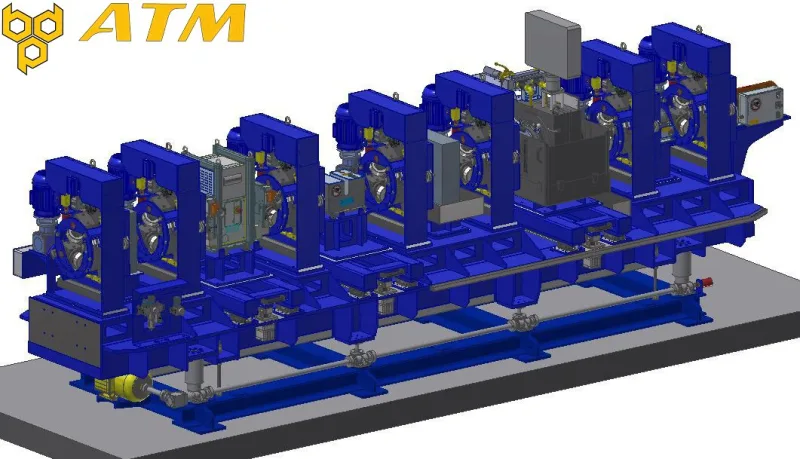 3D design view of a complete inspection line with several test stations on a base frame