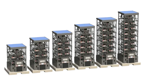 Six E-Parktower units side by side in increasing sizes as a size comparison