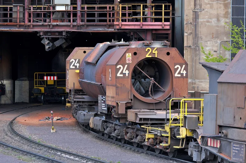 Torpedo car number 24 in front of a steelworks building