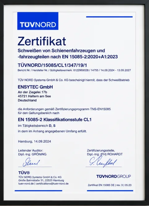 Zertifikat der ENSYTEC GmbH nach EN 15085-2, Klassifikationsstufe CL1
