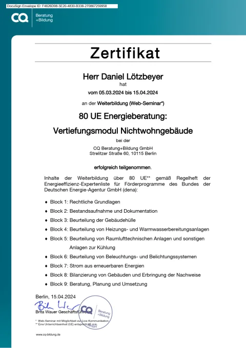80 UE certificate energy consultant