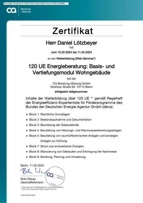 120 UE certificate energy consultant