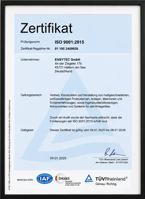 Zertifikat der ENSYTEC GmbH nach ISO 9001:2015