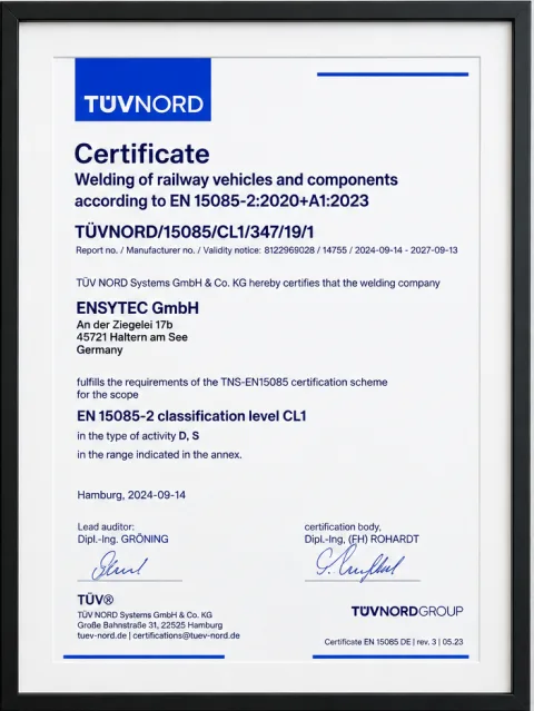 ENSYTEC GmbH certificate for EN 15085-2, classification level CL1
